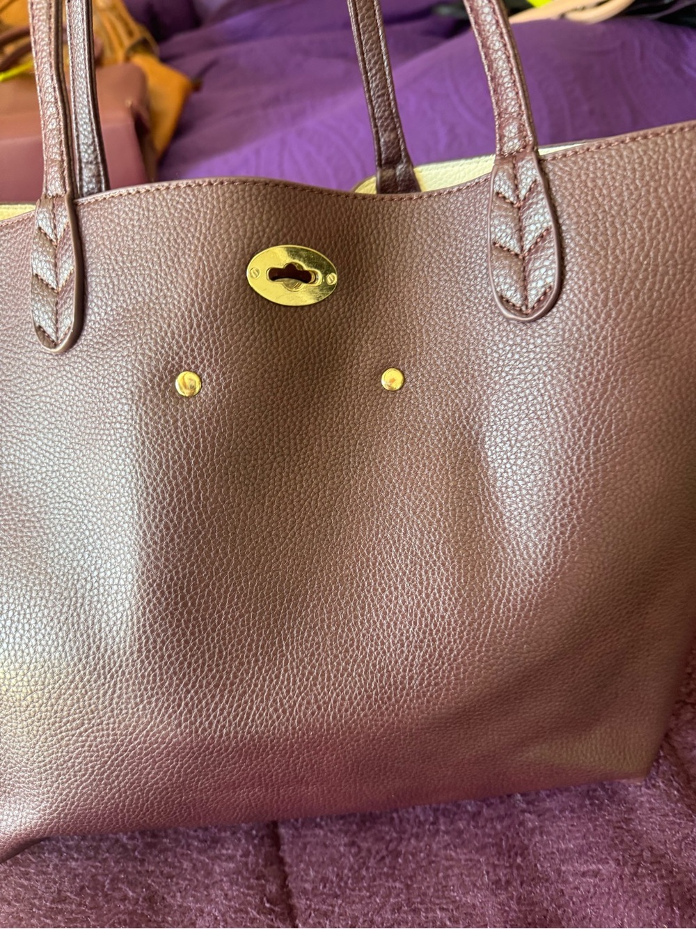 BCBG dark purple Leather Tote Bag with Gold Hardware